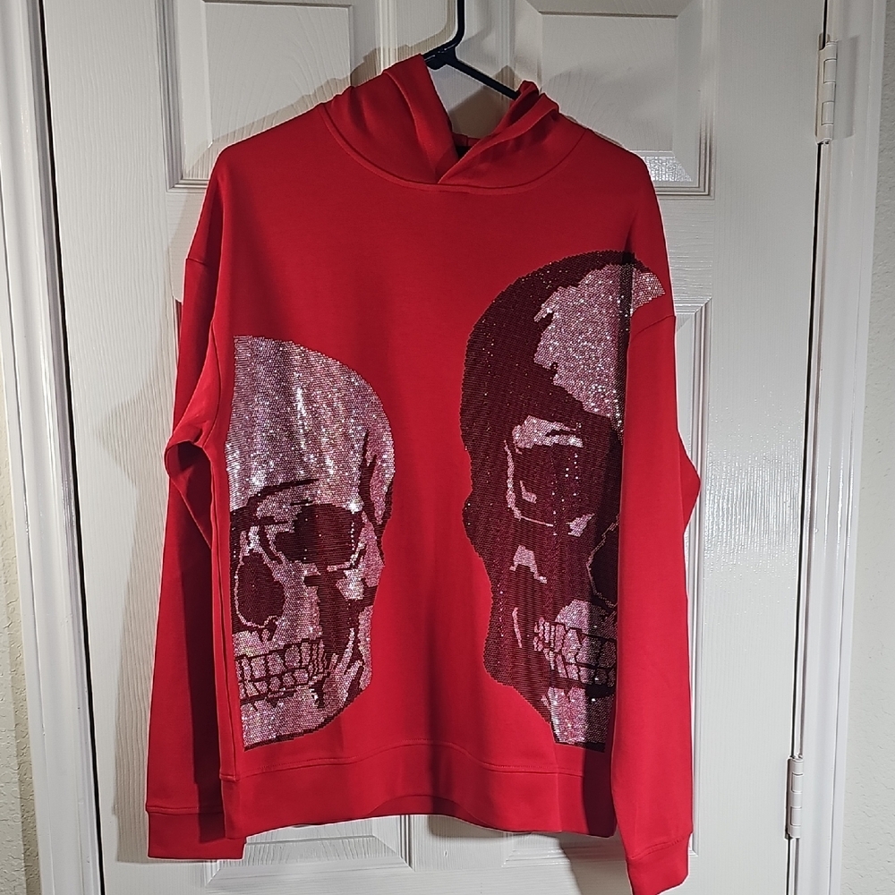 New Heads Or Tails Men's Red Skulls Graphic Bling Hoodie Medium